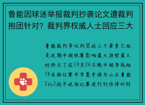 鲁能因球迷举报裁判抄袭论文遭裁判抱团针对？裁判界权威人士回应三大争议